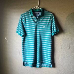 Chaps Shirt Men’s Polo Green Striped Short Sleeve Collared Polo Golf Top Sz M
